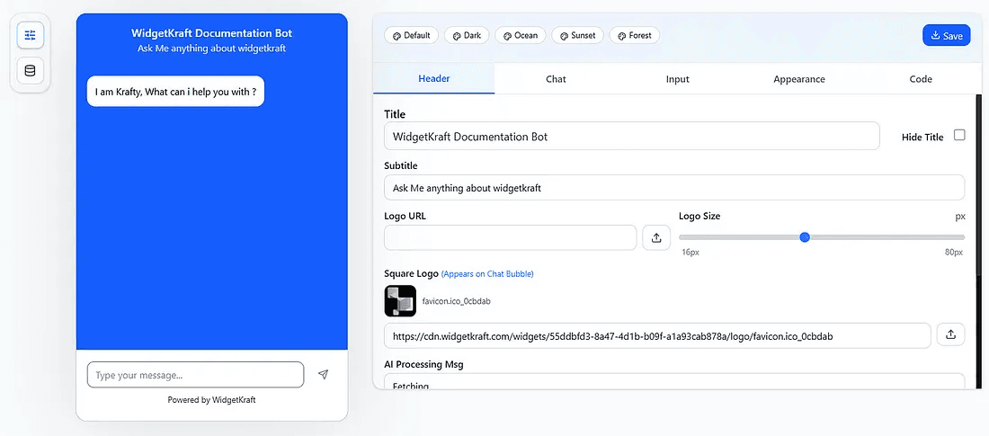 WidgetKraft AI chatbot dashboard showing prompt and RAG configuration