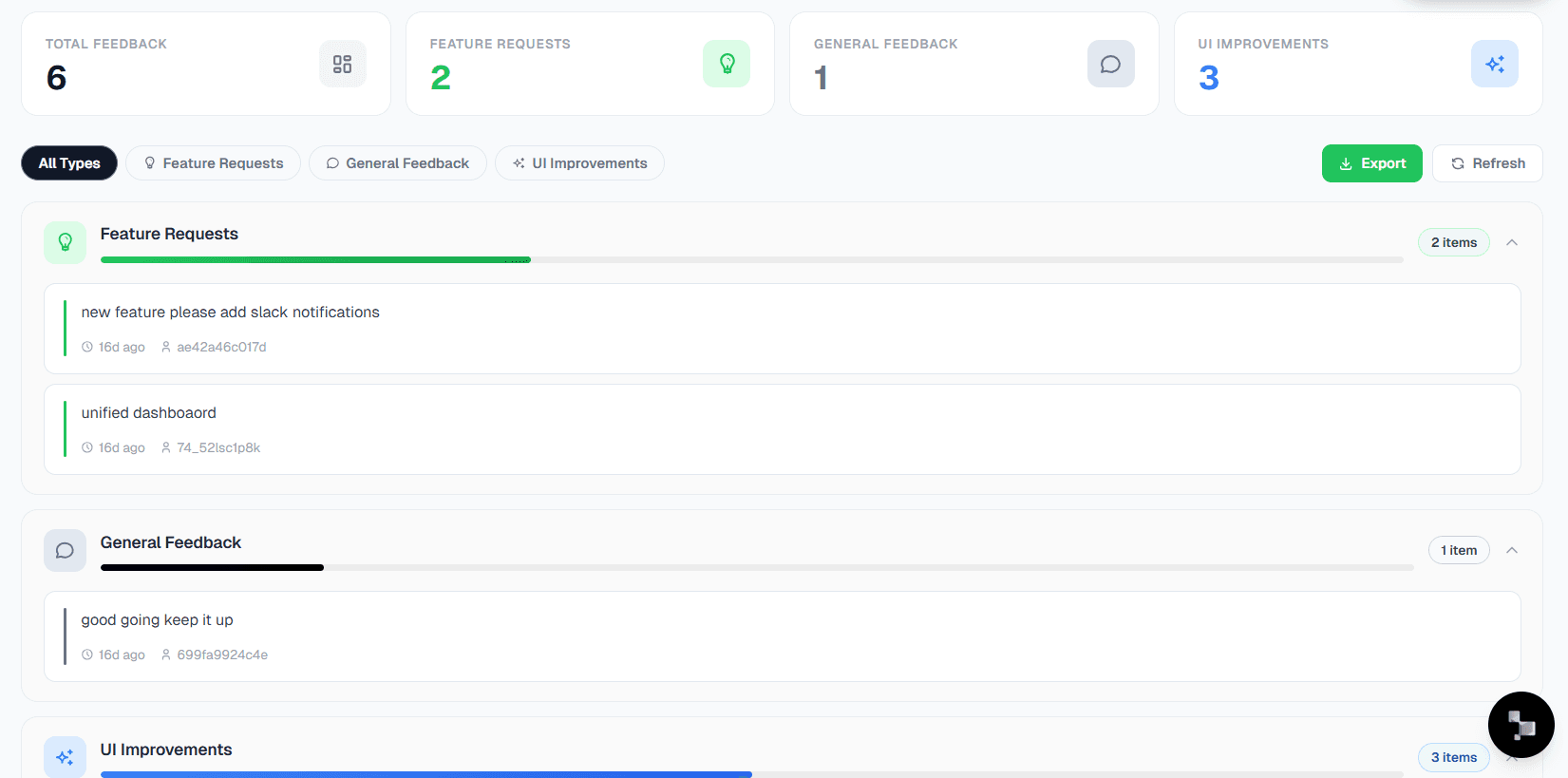Feedback dashboard showing categorized submissions with filters and export
