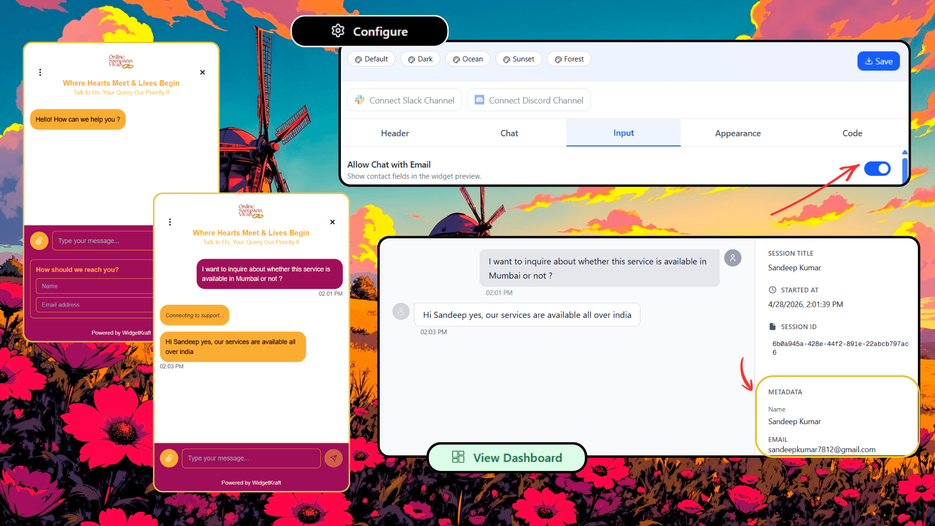 Pre-chat form collecting visitor name, email, and support topic before chat window opens