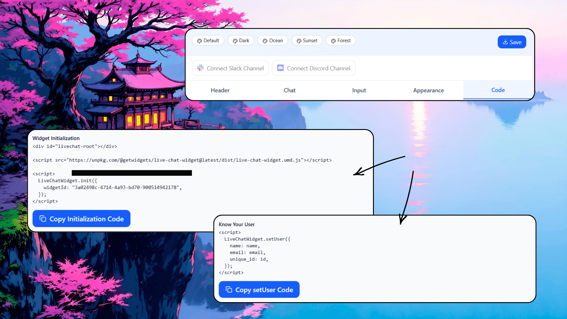 Setup screen showing script tag copy button and completion checklist with all steps done in under a minute