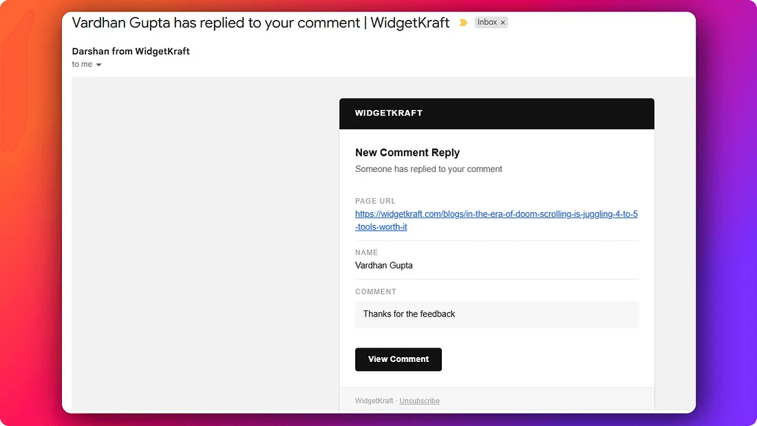 Email notification showing new comment alert with article title and commenter details