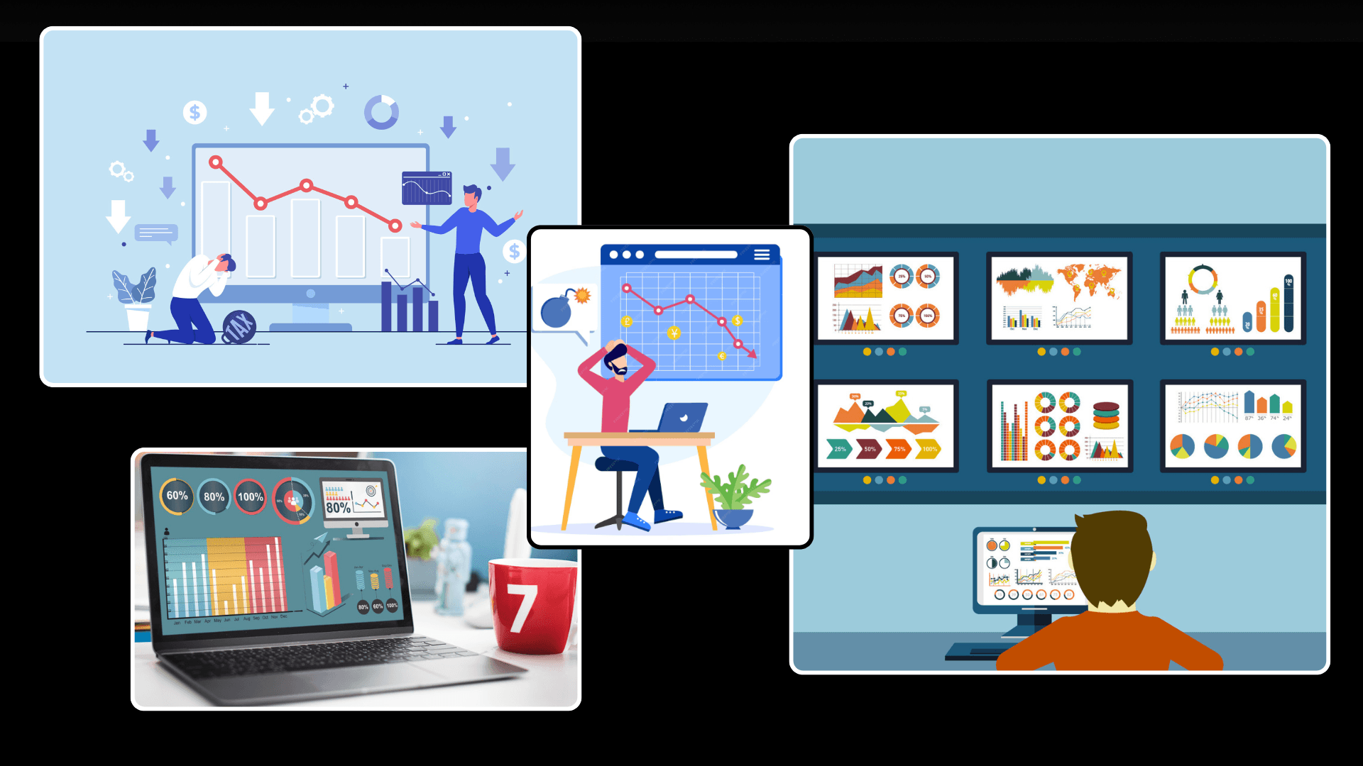 Laptop screen with marketing dashboards and ad campaign charts looking overwhelming.