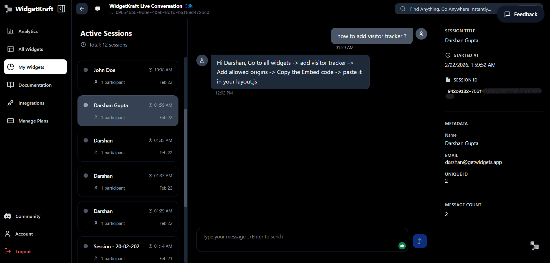 Live Chat dashboard showing customer conversations being managed in real time.