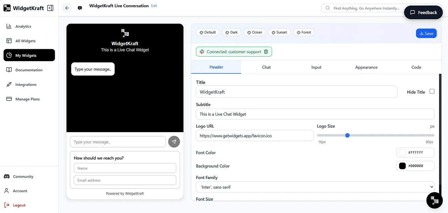 WidgetKraft live chat Config panel
