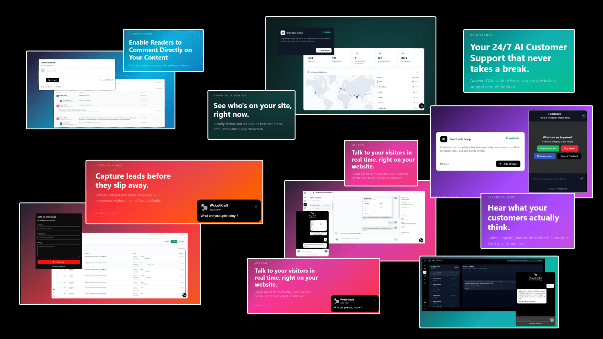 Widgetkraft's unified engagement platform showing live chat, lead capture, and feedback tools all in one interface.