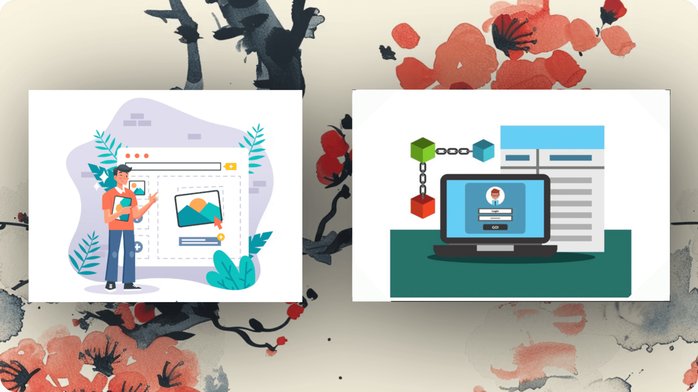 Depiction of a simple photo gallery with comments, highlighting the user registration requirement.