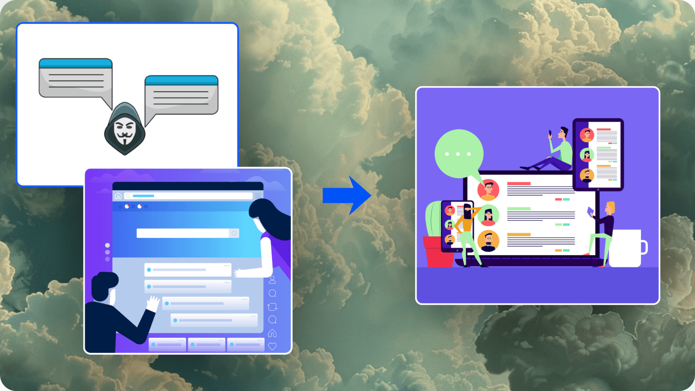 Depiction of comment sections with and without user accounts, showing the difference in quality and accountability.